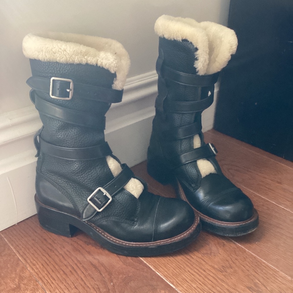 Coach shearling/leather moto boots